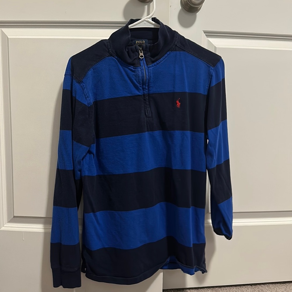 Polo Ralph Lauren Quarter Zip Blue and Navy Blue Striped Lightweight Shirt Jacke